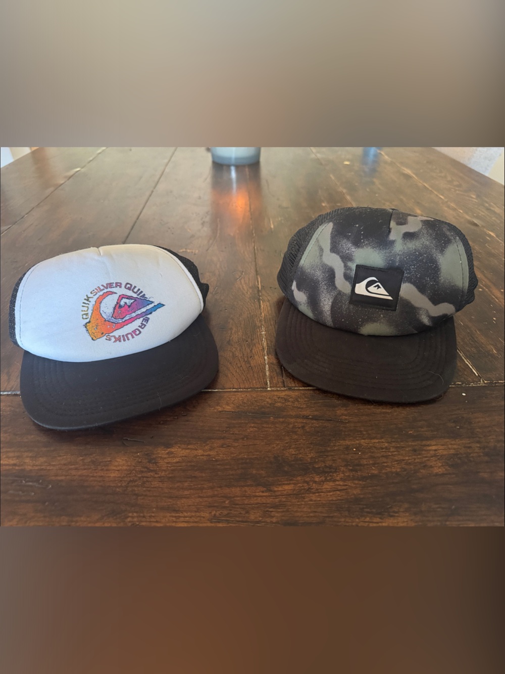 Quiksilver White Front Logo Foam Trucker & Black Gray Camo Mesh Cap